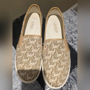 LAUREN Ralph Lauren Tan Monogram Slip-On Sneakers